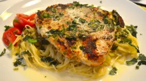 Parmesan Crusted Chicken with Herb Sauce over Pasta